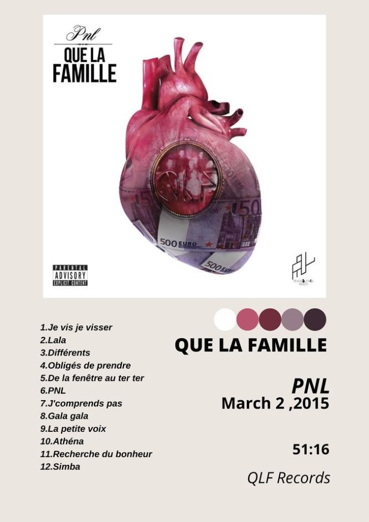 leur album "que la famille" sortit en 2015, avec toute la discographie de cet album